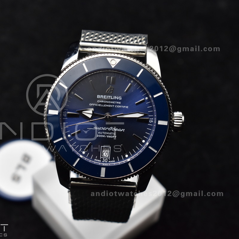 SuperOcean Heritage II BLSF 42mm SS Blue Dial Blue Ceramic Bezel on SS Mesh Bracelet A2824